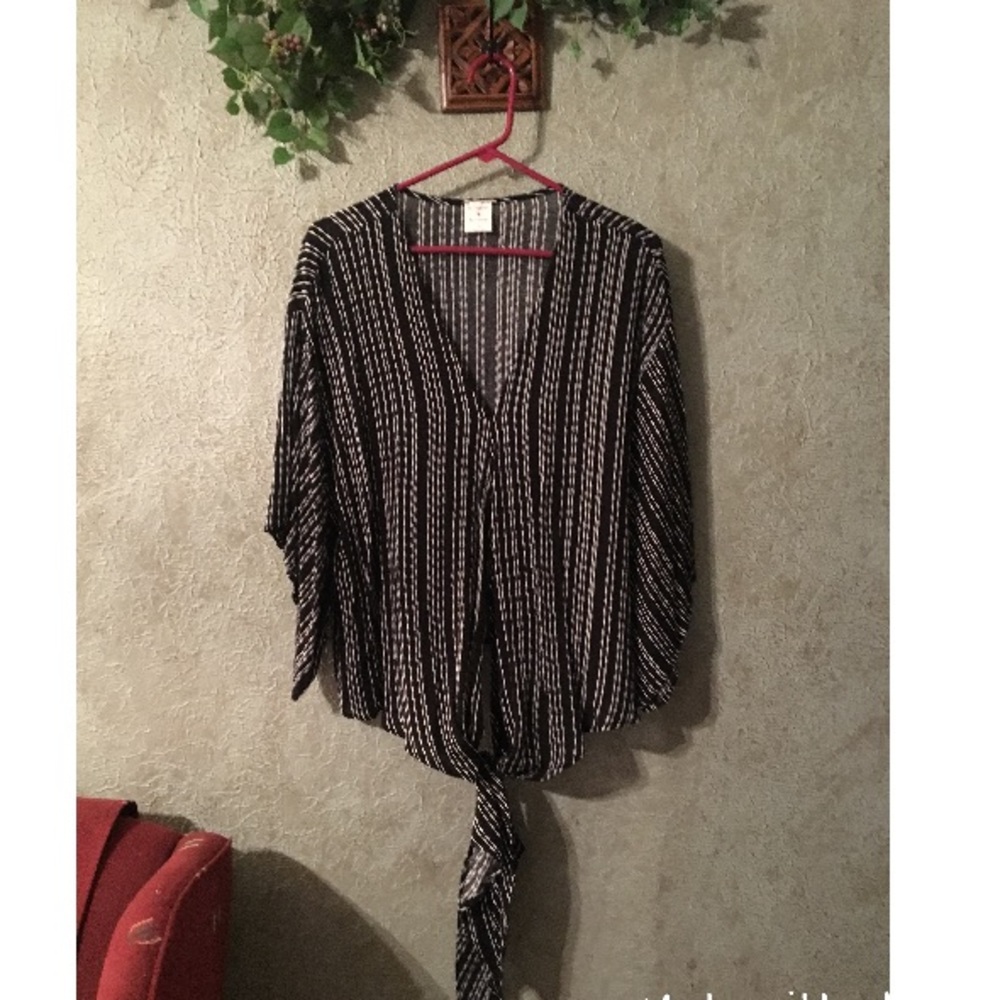 Black and White Printed Blouse with Front Tie